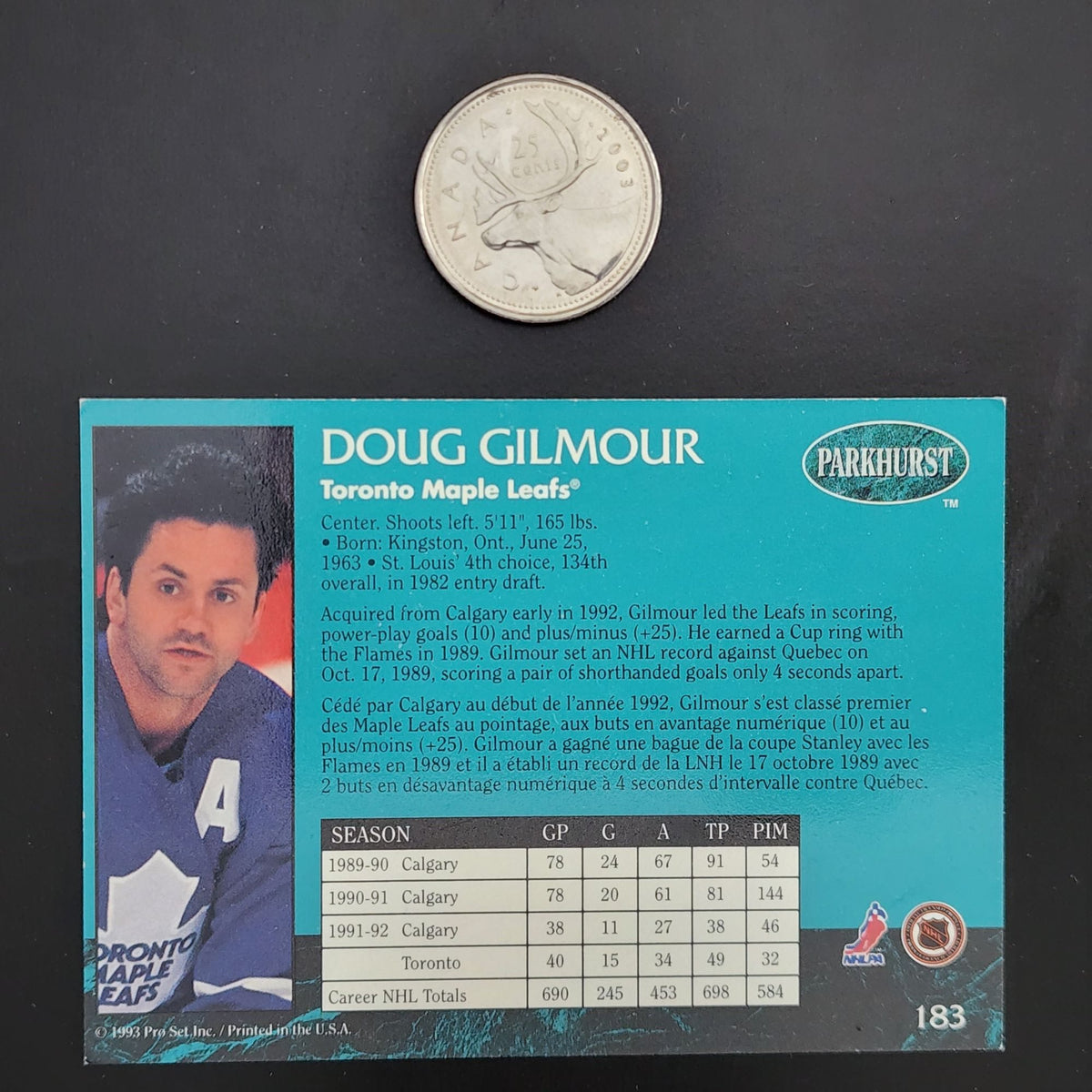 Doug Gilmour hockey card - A trading card featuring Doug Gilmour, a professional hockey player.