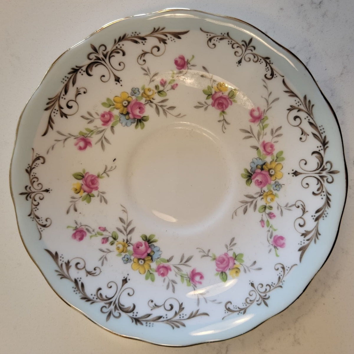 Queen Anne Flower Pattern #8361 Vintage Tea Cup and Saucer Set - Mulberry Lane Inspirations Blue Border Teacup & Saucer