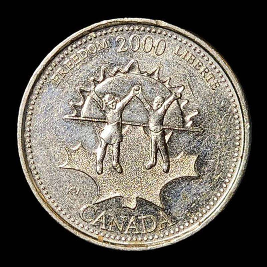 2000 Canadian coin, featuring a unique design, showcased on a black background.