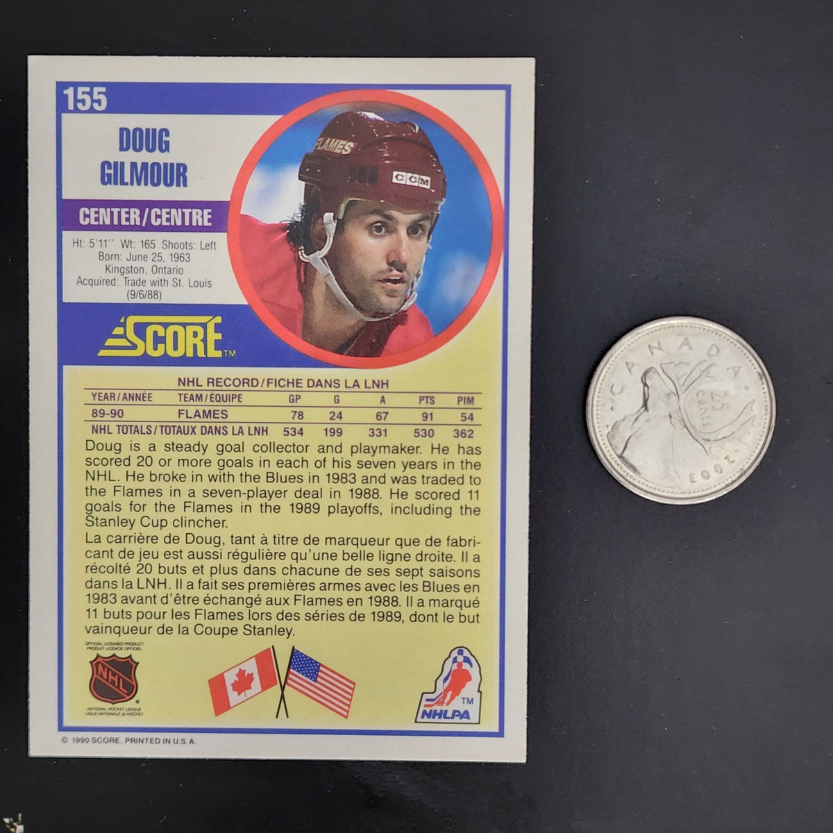 Doug Gilmour hockey card - A trading card featuring Doug Gilmour, a professional hockey player.