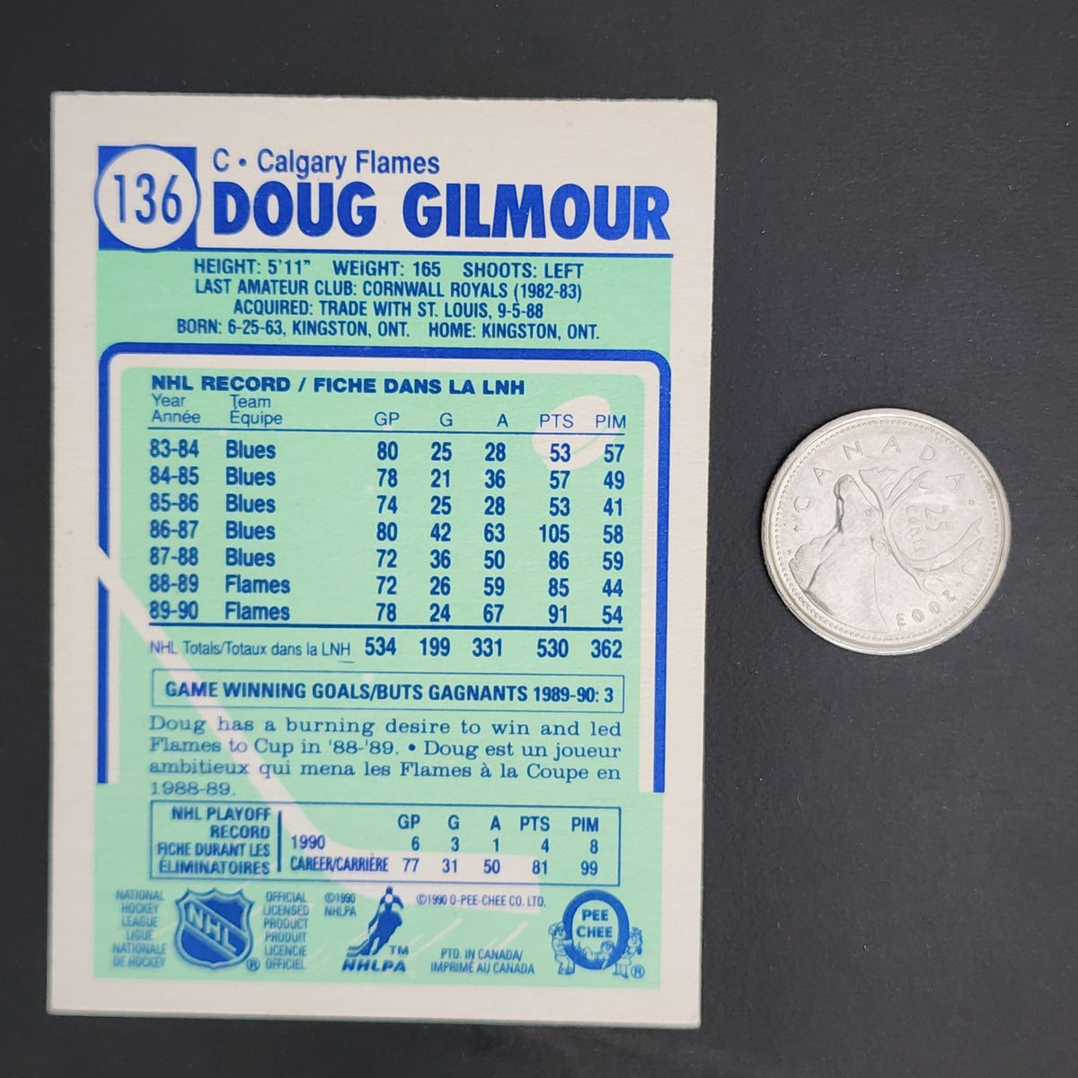 Doug Gilmour hockey card - A trading card featuring Doug Gilmour, a professional hockey player.