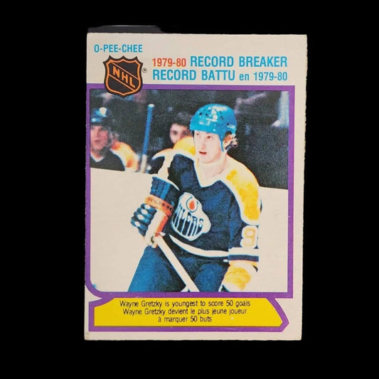 A hockey card featuring Wayne Gretzky with the words "record breaker" on it
